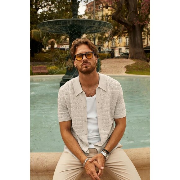 💫 Men Cream Casual Summer Beach Shirts Short Sleeve Button Down Fashion Shirt - Picture 3 of 5